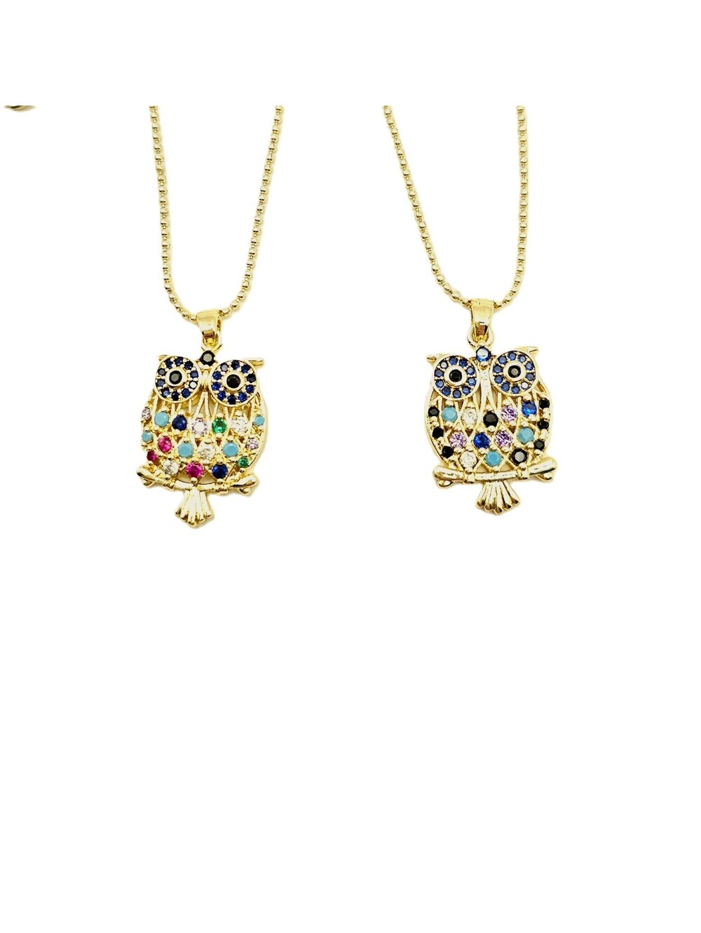 Owl Charm Pendant Lot of 2 - Multicolor CZ Micro Ball Adjustable Chain 16 in